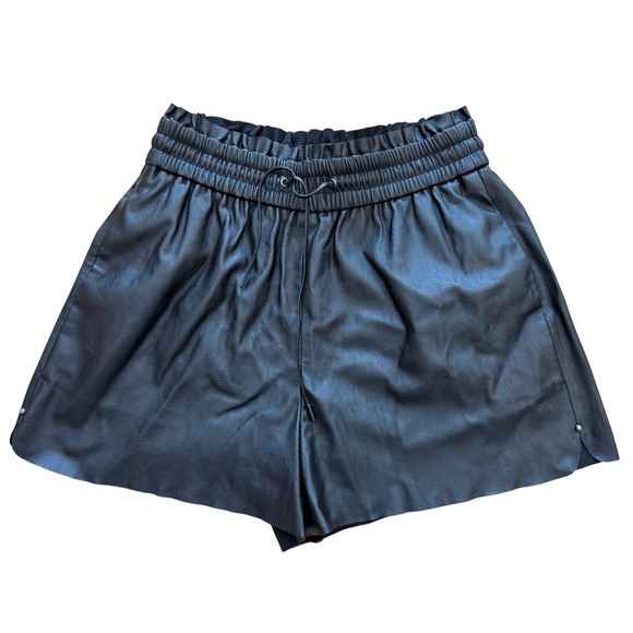 ZARA Faux Leather Black High Waisted Paperbag Shorts Elastic Waist Small S - Picture 2 of 6